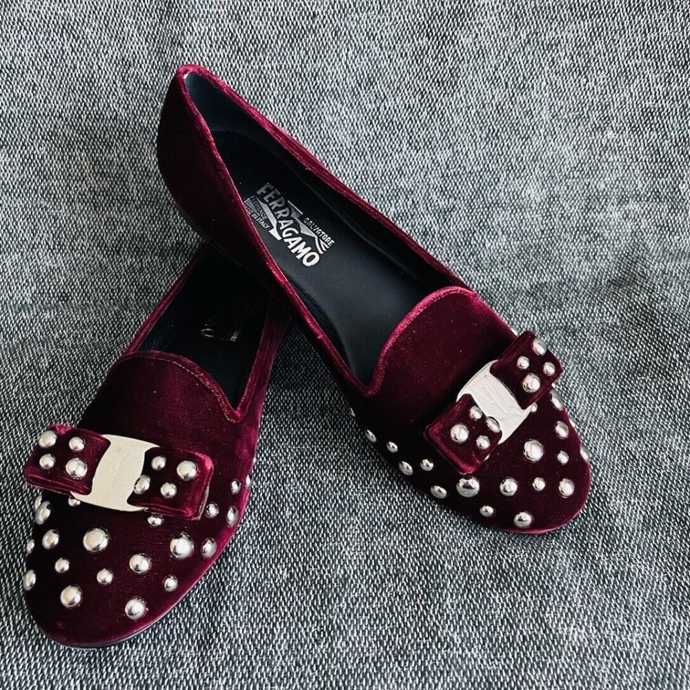 Salvatore Ferragamo Studded Velvet Bow Loafers NS 31168 510H - 7.5M